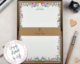 Pretty Floral Writing Paper Personalised - Colourful Flowers Letter Writing Set - A5 Letter Paper - Add Envelopes - Add Gift Box