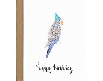 Blue Budgie Birthday Card - Cute Party Budgerigar Card - Parakeet Card