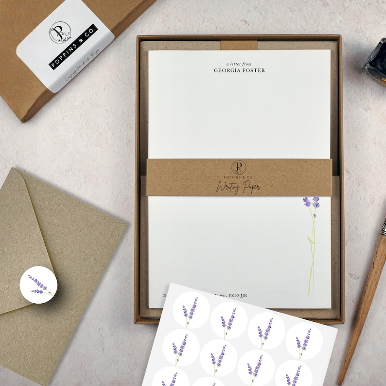 Purple Lavender Writing Paper Set Personalised - Floral Letter Writing Set - Luxury Stationery - Add Envelopes - Add Gift Box - A5 Paper 画像 4