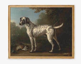 May include: A framed vintage painting of a Dalmatian dog with black spots, standing in a field. The dog is facing left, with a dead bird at its feet. The background features trees and a blue sky.