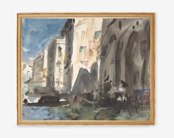 May include: Watercolor painting of a European cityscape with buildings and arches. The artwork is framed in a gold-colored wooden frame. The painting features a blue sky and a waterfront scene with figures.
