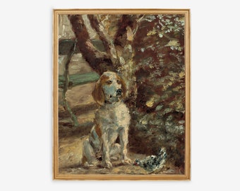 May include: A framed vintage painting of a dog sitting outdoors. The dog has brown and white fur and is wearing a collar. The painting has a warm color palette with brown, green, and beige tones. A small bird lies on the ground.