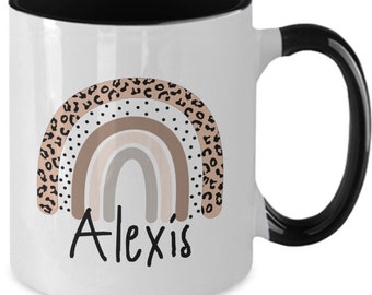 Leopard Print Rainbow Mug personnalisé, custom name tasse à café pour femmes