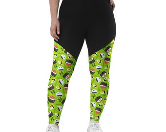 Kawaii Sushi Leggings with Back Pocket, Sushi Yoga Tights, Compression Butt Lifting Plus Size Leggings