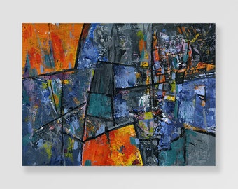 Grey Orange Blue 2. An original acrylic painting on stretched canvas. Measures 9x12.