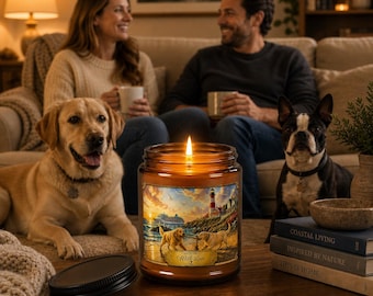 Gezellige woonkamerkaars met honden | Kaars Labrador & Boston Terrier | Warm woondecoratiecadeau | Dog Lover Sojakaars Amberpot sojakaars