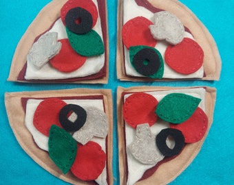 May include: Four felt pizza slices with red tomato, white cheese, green basil, and black olives toppings.