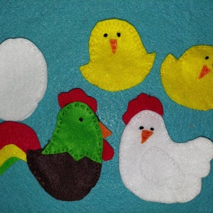 Cluck Family set of 5 finger puppets! Hen, Rooster, 2 Chicks, and an Egg in Waiting!