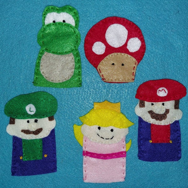 Mario Bros inspired set of 5 finger puppets! Mario, Luigi, Princess Peach, Toad and Yoshi! Pretend Play montessori