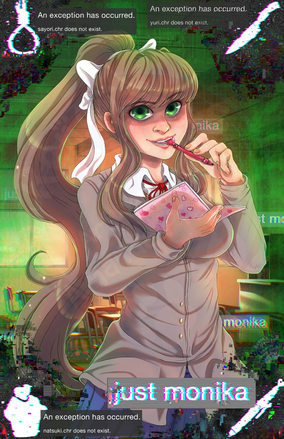 monika and anonymous (doki doki literature club) drawn by