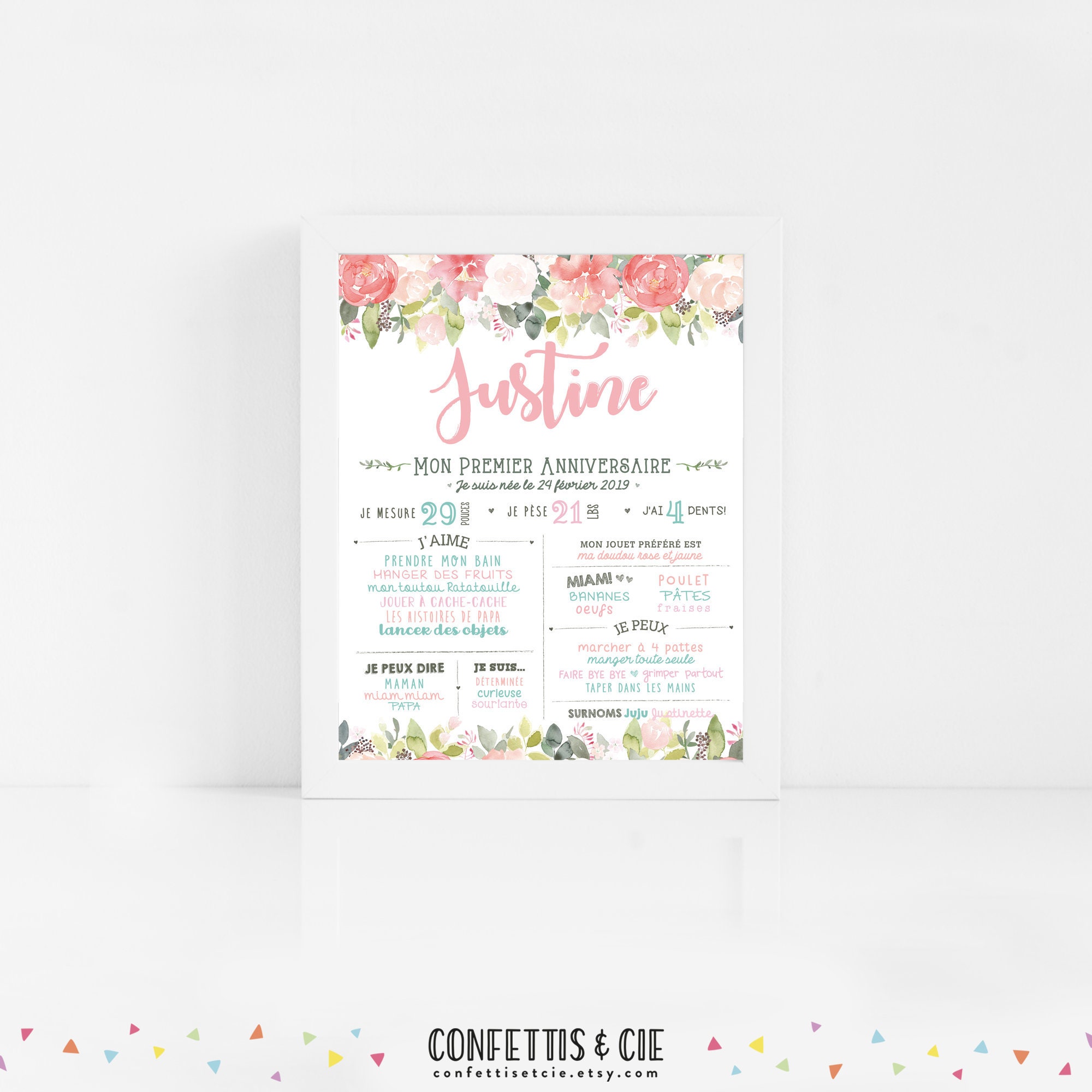 Affiche Premier Anniversaire Fleur Floral Affiche Souvenir Etsy