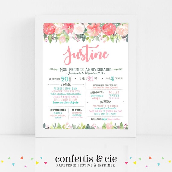 Affiche Premier Anniversaire Fleur Floral Affiche Souvenir Etsy