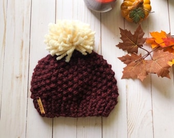 Burgundy Knit Child’s Hat, Cream Pom Pom, Winter Beanie