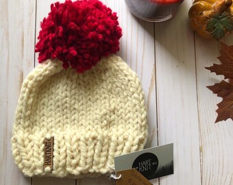 Cream Children's Knit Beanie with Red Pom Pom