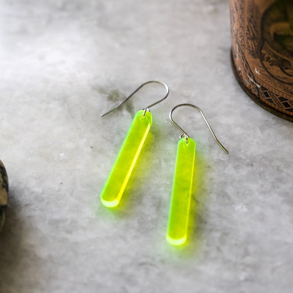 NEON GREEN EARRINGS. modern minimal design, fun, lightweight, bright, kids to adult love these designs!