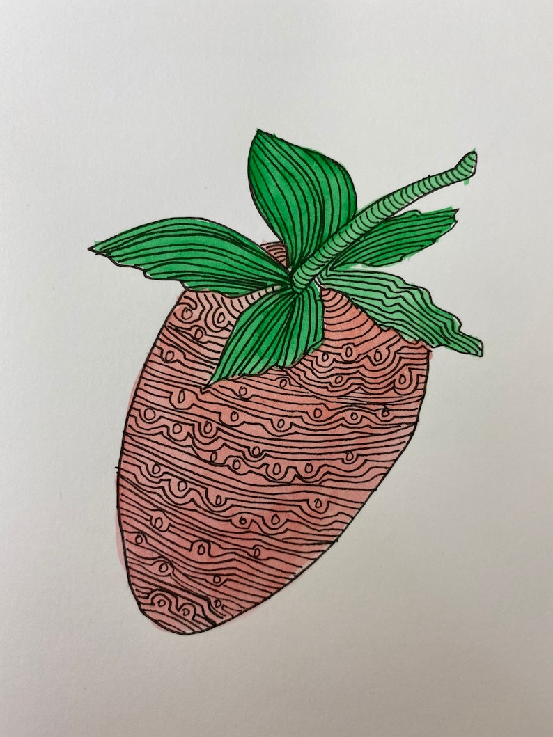 Hand painted original watercolour Strawberry art card with fine lines by Leah at Lovemyartdotcom