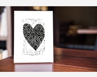 Heart lino cut art card by Leah - love my art