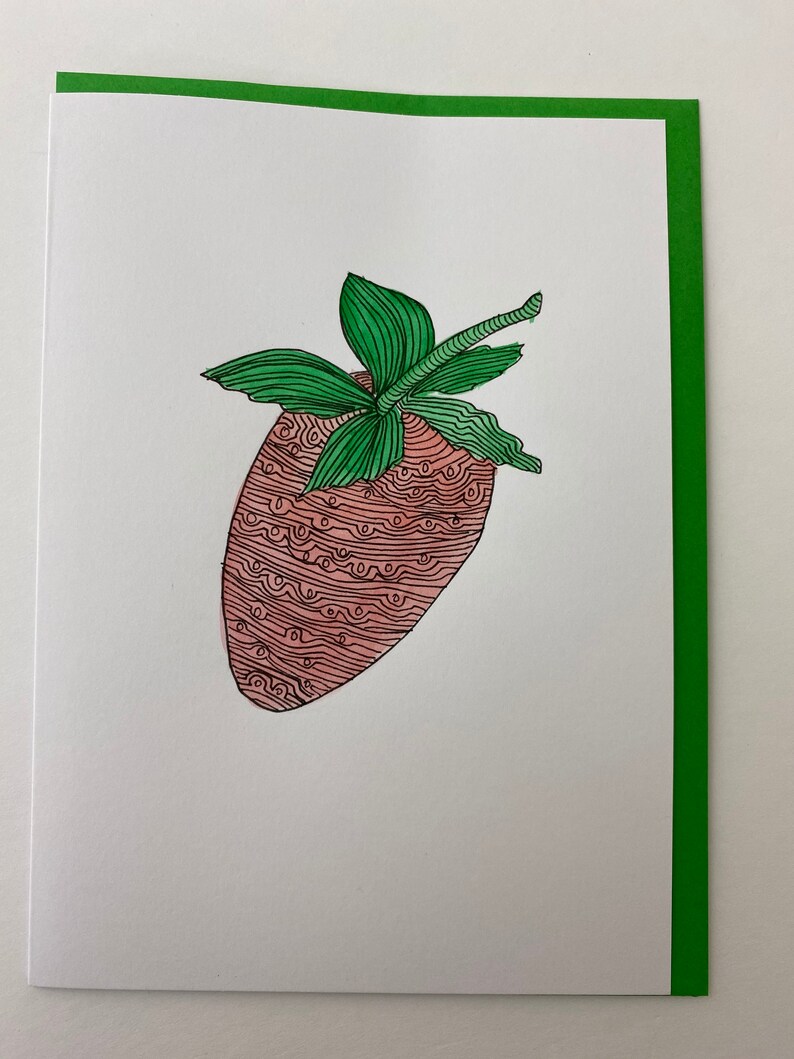 Hand painted original watercolour Strawberry art card with fine lines by Leah at Lovemyartdotcom