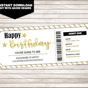 コンサートチケットの誕生日プレゼント、印刷可能なテンプレート、サプライズコンサート、ショー、バンド、ギフト券、編集可能なテキスト、即時ダウンロード