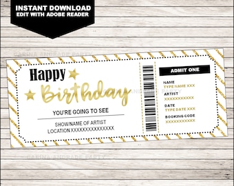 May include: A gold and white birthday ticket design with the words "Happy Birthday" in gold script. The ticket includes space for the show name, artist, date, and booking code. The ticket has a barcode and a dotted border.