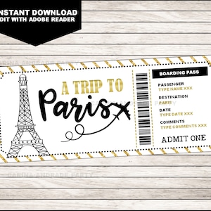 Paris Geburtstagsgeschenk Bordkarte Ticket, Überraschungsflug, Reise, Kurzurlaub, Urlaub, Urlaub, Gutschein, EDITIERBARER Text, INSTANT DOWNLOAD