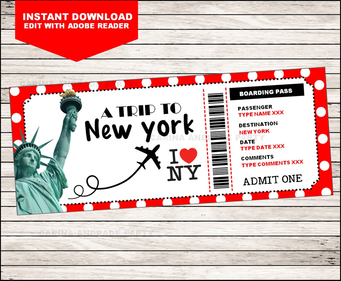 New York Birthday Gift Boarding Pass Ticket Surprise Flight Etsy
