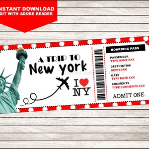 New York Geburtstagsgeschenk Bordkarte Ticket, Überraschungsflug, Reise, Kurzurlaub, Urlaub, Urlaub, Gutschein, EDITIERBARER Text, INSTANT DOWNLOAD