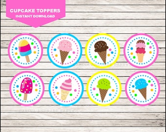 Könnte beinhalten: Satz von acht druckbaren Cupcake-Toppern mit Eisbechern und Eis am Stiel in verschiedenen Farben und Designs. Die Topper sind perfekt für eine Sommerparty.