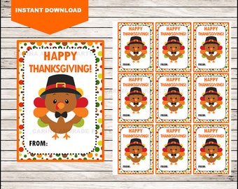 May include: A printable sheet of nine rectangular gift tags featuring a cartoon turkey wearing a black pilgrim hat and a black bow tie. The text reads Happy Thanksgiving and From. The border is decorated with colorful orange, green, and brown dots.