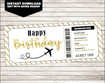 Birthday Gift Boarding Pass Ticket, Surprise Flight, Trip, Getaway, Holiday, Vacation, Voucher, EDITABLE text, INSTANT DOWNLOAD