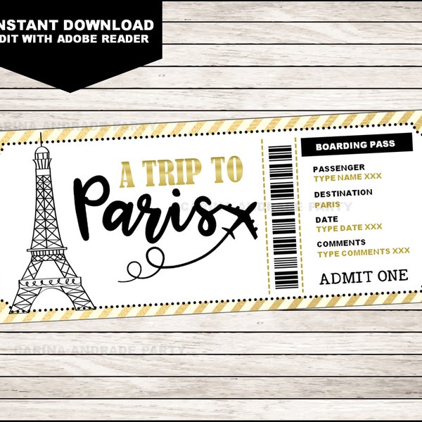 Paris Birthday Gift Boarding Pass Ticket, Surprise Flight, Trip, Getaway, Holiday, Vacation, Voucher, EDITABLE text, INSTANT DOWNLOAD