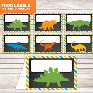 Etiquetas de comida de dinosaurios, tarjetas imprimibles con comida de T-rex, etiquetas de comida para fiestas de dinosaurios, pizarra, DESCARGA INSTANTÁNEA