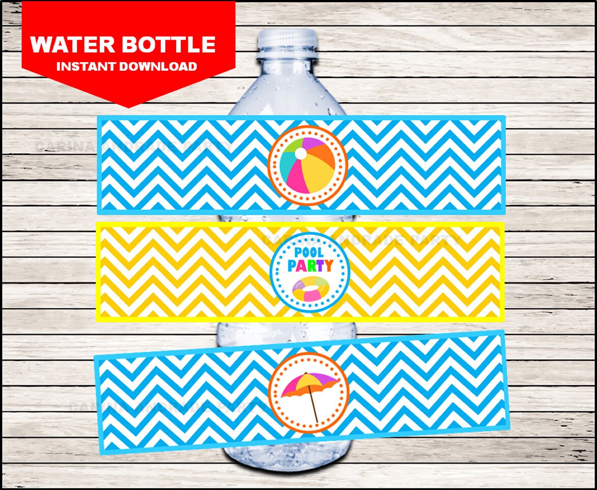Pool Party Water Bottle Label instant download, Swimming Pool Bottle labels, Summer Party Party water Labels