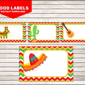 Mexican fiesta Food Labels instant download, Cinco de mayo party Tent cards , Mexican fiesta Party Food tent cards