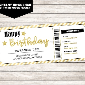 Concert Ticket Birthday Gift, Printable template, Surprise Concert, Show, Band, Gift Certificate, EDITABLE text, INSTANT DOWNLOAD