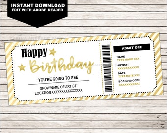 Concert Ticket Birthday Gift, Printable template, Surprise Concert, Show, Band, Gift Certificate, EDITABLE text, INSTANT DOWNLOAD