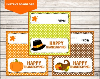 May include: Three rectangular Thanksgiving gift tags with white borders and polka dot backgrounds in lime green, orange, and brown. Each tag features a white space for writing, the text FROM:, and graphics of a pilgrim hat, pumpkin, or cornucopia.