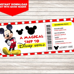 Printable Ticket To DISNEYWORLD diy Personalize Disneyland Boarding Pass Surprise Mickey Mouse Kids INSTANT DOWNLOAD