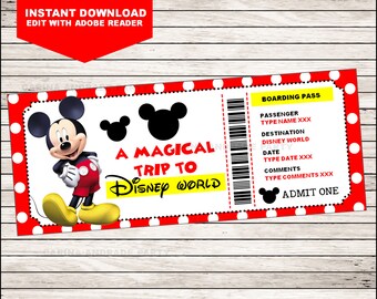 Printable Ticket To DISNEYWORLD diy Personalize Disneyland Boarding Pass Surprise Mickey Mouse Kids INSTANT DOWNLOAD