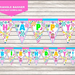 Op de afbeelding: Een printbare driehoekige banner met een snoepthema. De banner zegt "Happy Birthday!" in kleurrijke letters met een snoepstok en swirl-patroon.