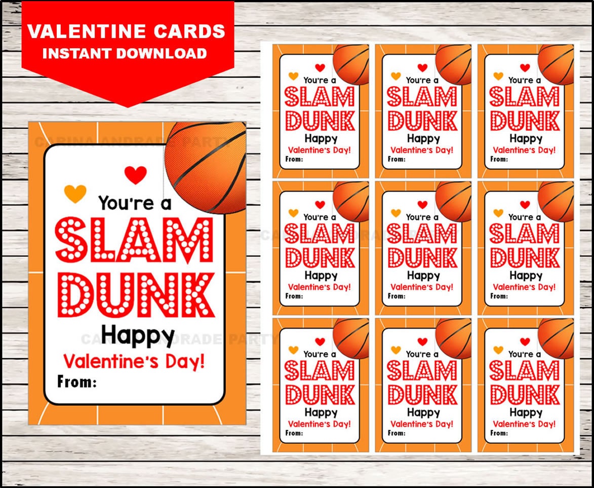 BASKETBALL Valentine's Day Cards You're a Slam Dunk Etsy