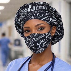 In Jesus Name Scrub Bonnet Satin Lined or Cotton Bouffant with Buttons & Ties option