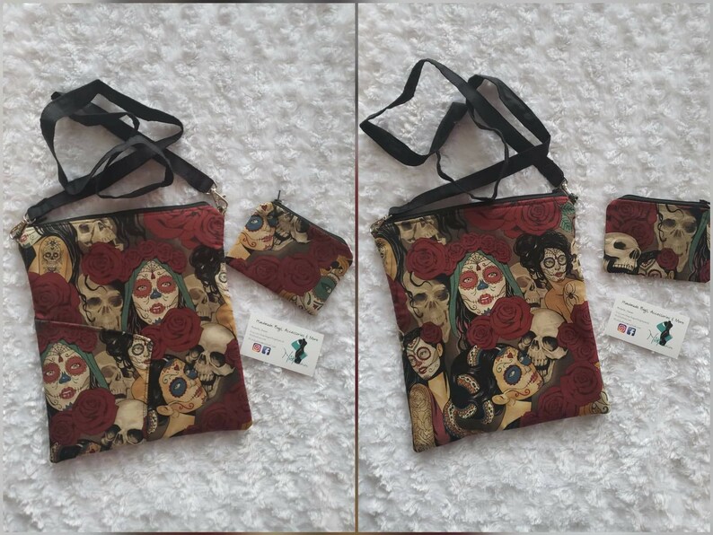Medium /& small cross body Dia de los Muertos Set: Large Cross body with coin wallet Mini Wristlet and matching tumbler Clutch Wristlet