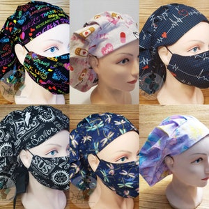 May include: Assorted patterned scrub caps and matching face masks. Designs include medical symbols, inspirational text, dragonflies, and a grid with a heartbeat pattern. The caps are shown on mannequin heads.