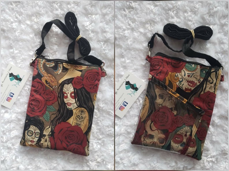 Medium /& small cross body Dia de los Muertos Set: Large Cross body with coin wallet Mini Wristlet and matching tumbler Clutch Wristlet