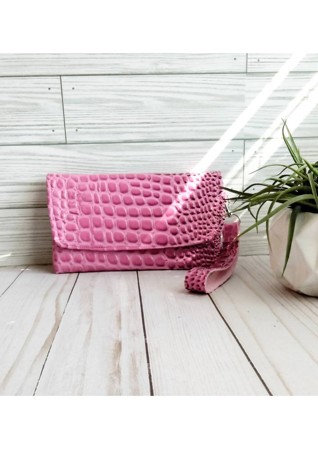 Pink Embossed Vegan Leather Clutch Cellphone Wallet