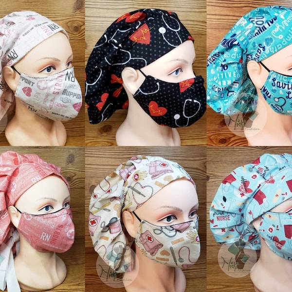 Medical Appreciation Collection Scrub Bouffant Set Regular Size Bonnet Cotton Cap with Matching Face Mask
