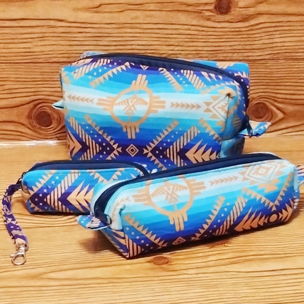 Micki Fashion Blue Tribal Print Set of 3 Box Cosmetic Bag Gift Set