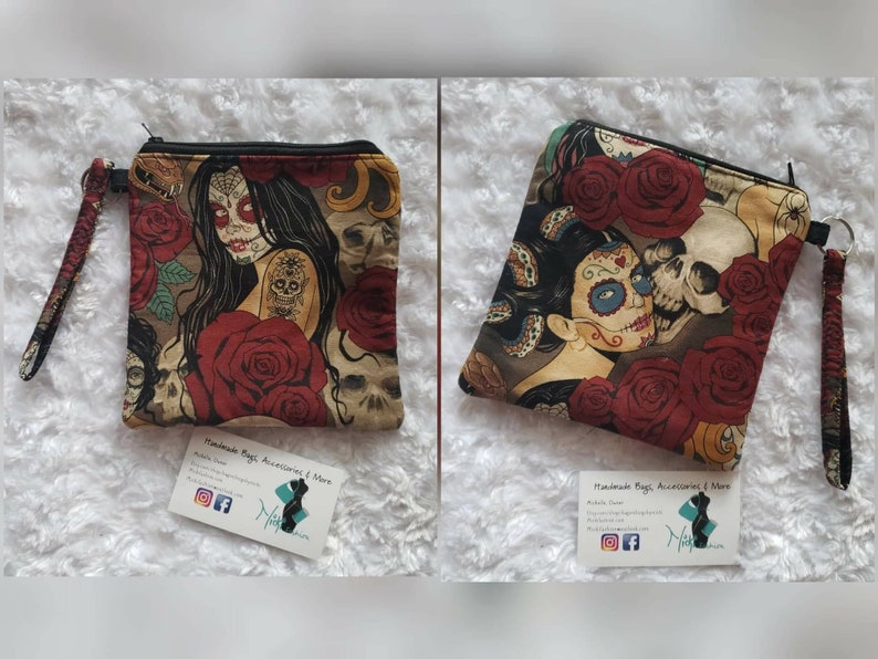 Medium /& small cross body Dia de los Muertos Set: Large Cross body with coin wallet Mini Wristlet and matching tumbler Clutch Wristlet