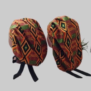 Scrub Bonnet African Print Bouffant  Hat for Women Cotton or Satin Lined  with Ties, Button Ear Savers & Matching Face Mask options